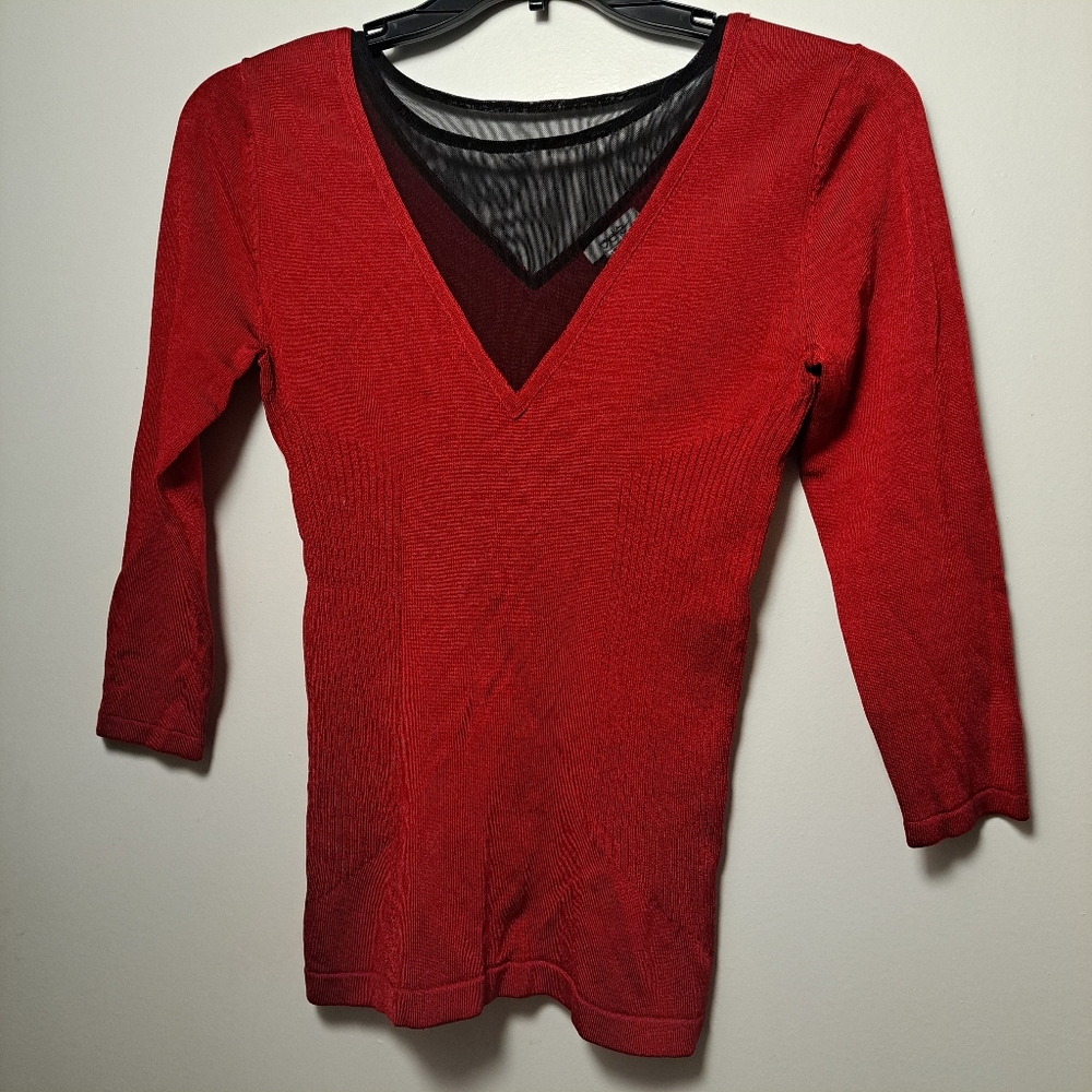 Cache Cherry Red Black V-Neck Sweater Ribbed Sides Sheer Center Women's Small